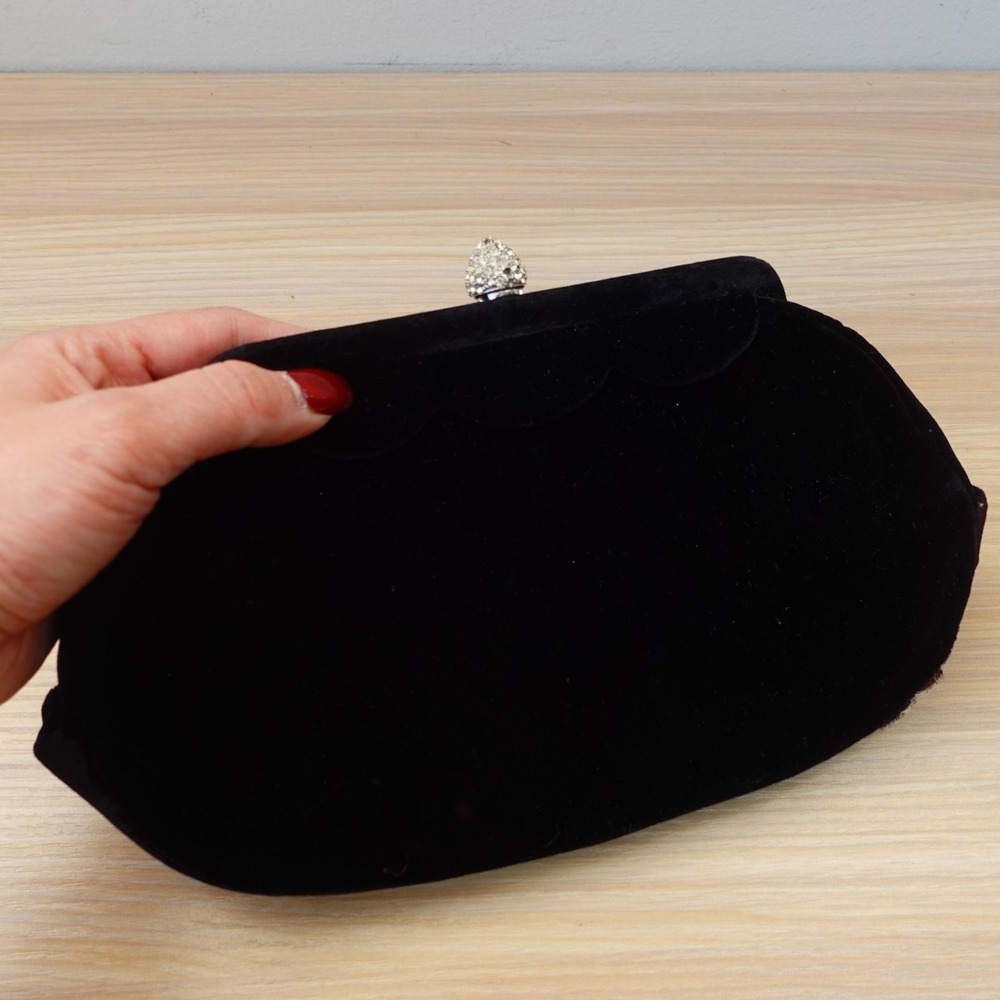 Vintage Velvet Clutch Bag S Black Evening Purse Rhinestone Clasp Mirror MAGID